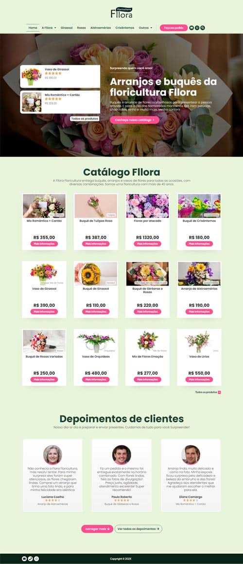 Modelo de site com Catálogo para floriculturas, empresas de flor e produtores de flores